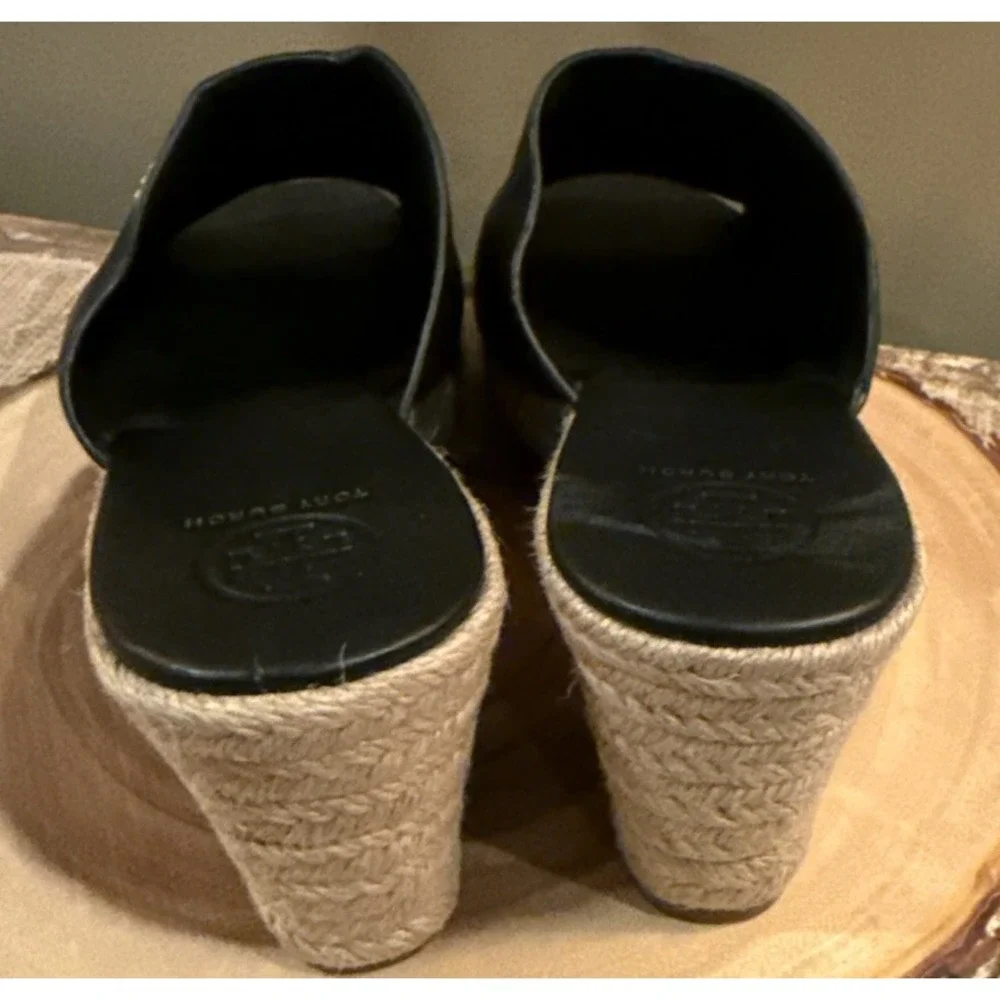 TORY BURCH Landon Espadrille‎ Black Leather Wedge Sandals Shoes Size 8M  $295